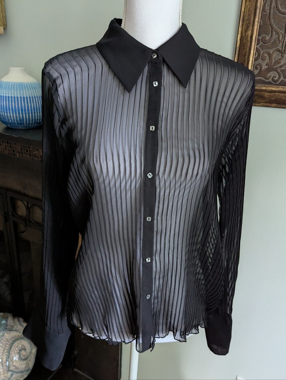 90s Y2K Women's Medium/Large Black Sheer Pleated Long Sleeve Blouse Witchy